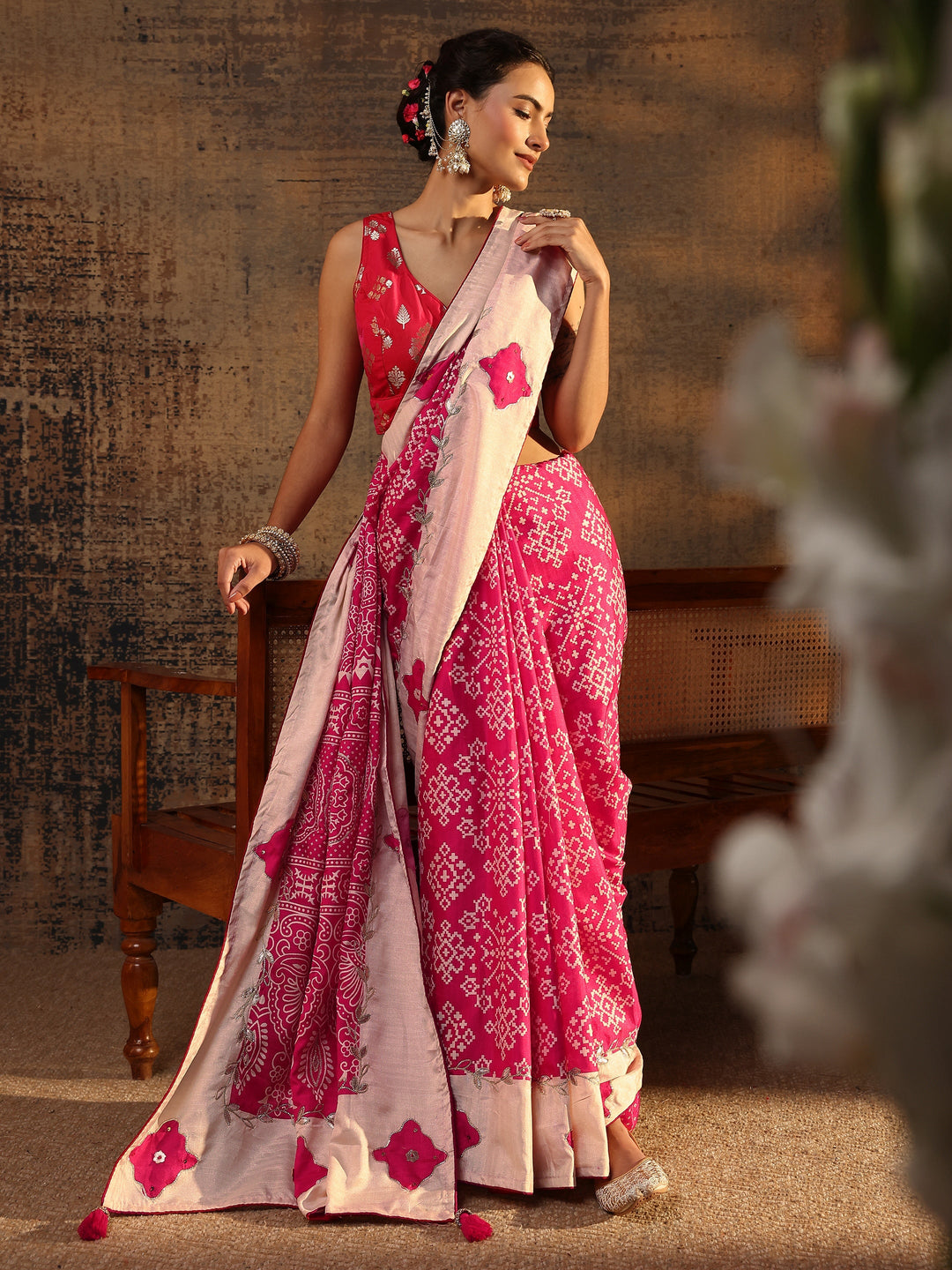 Pink Ethnic Motifs Printed Tissue Saree With Unstitched Blouse Piece