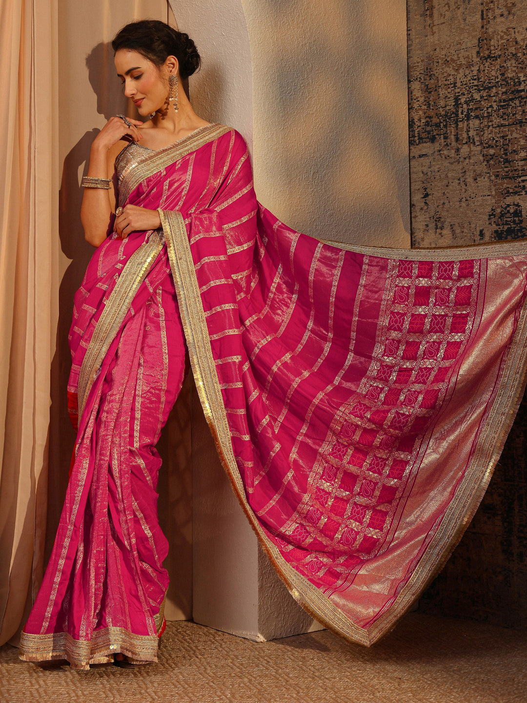 Pink Ethnic Motifs Woven Design Pure Chiffon Saree With Unstitched Blouse Piece