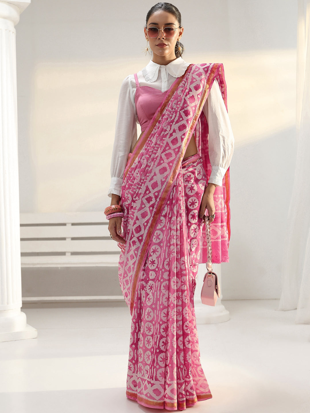 Pink Ethnic Printed Cotton Saree
