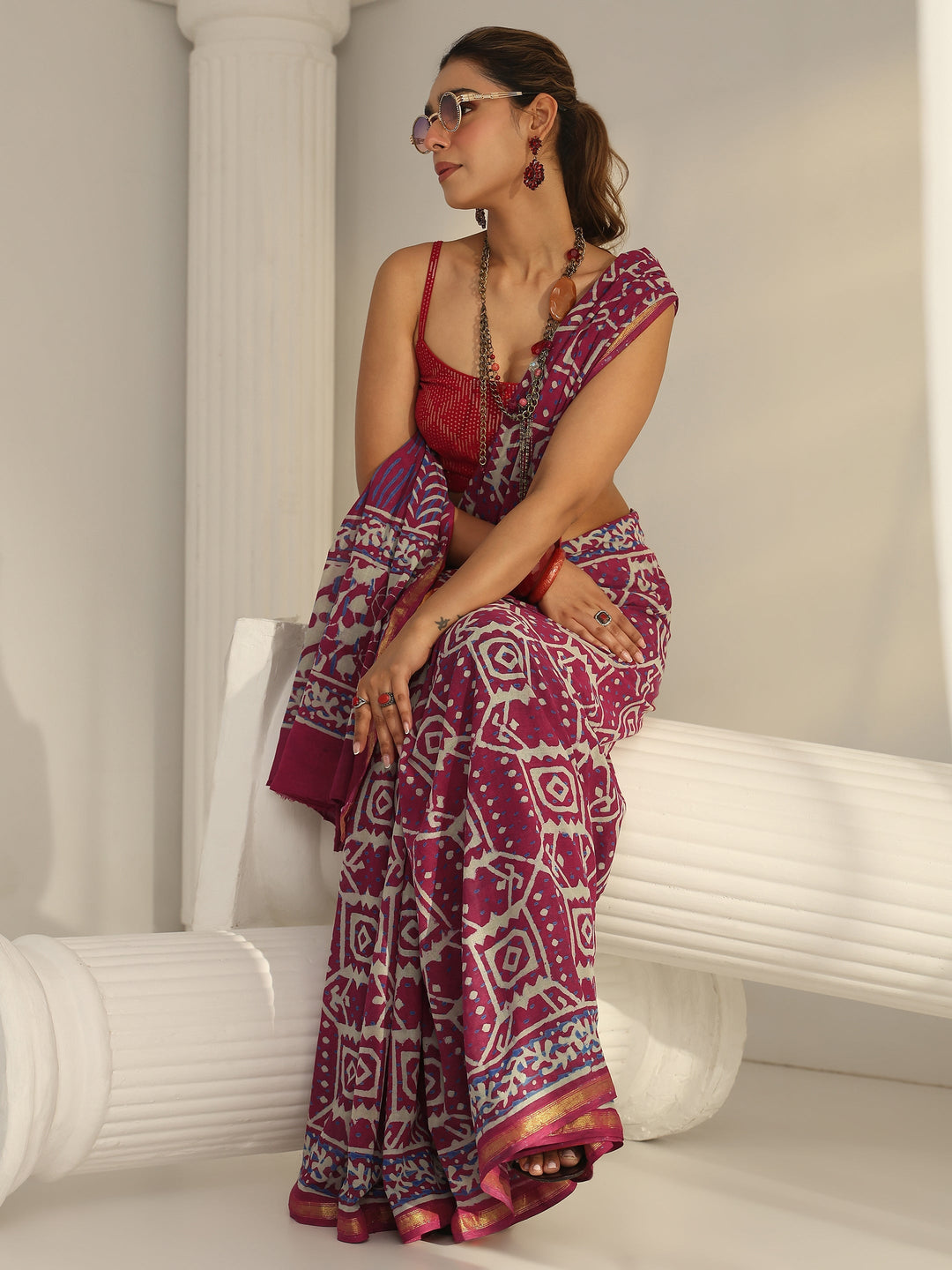 Pink Ethnic Printed Cotton Saree