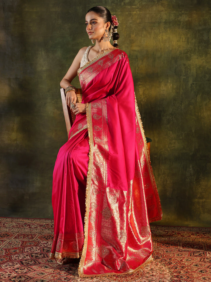 Pink Ethnic Silk Blend Saree With Unstitched Blouse Piece