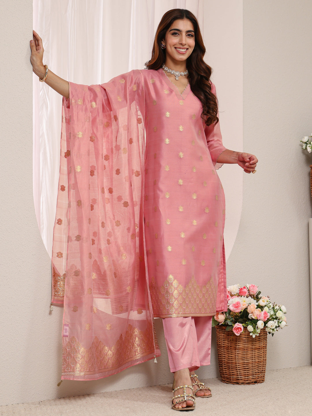 Pink Ethnic Woven Design Chanderi Silk Straight Suit Set With Dupatta