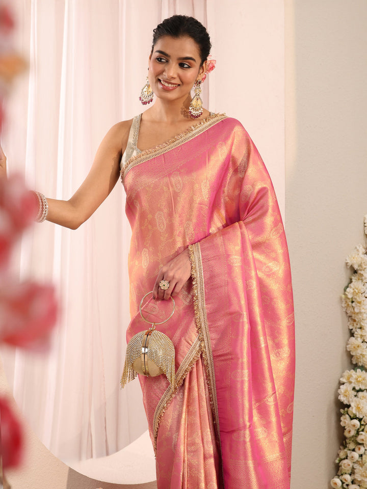 Pink Ethnic Woven Design Silk Blend Saree With Unstitched Blouse Piece