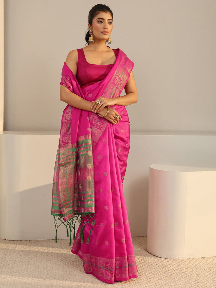 Pink Ethnic Woven Design Silk Blend Saree With Unstitched Blouse Piece