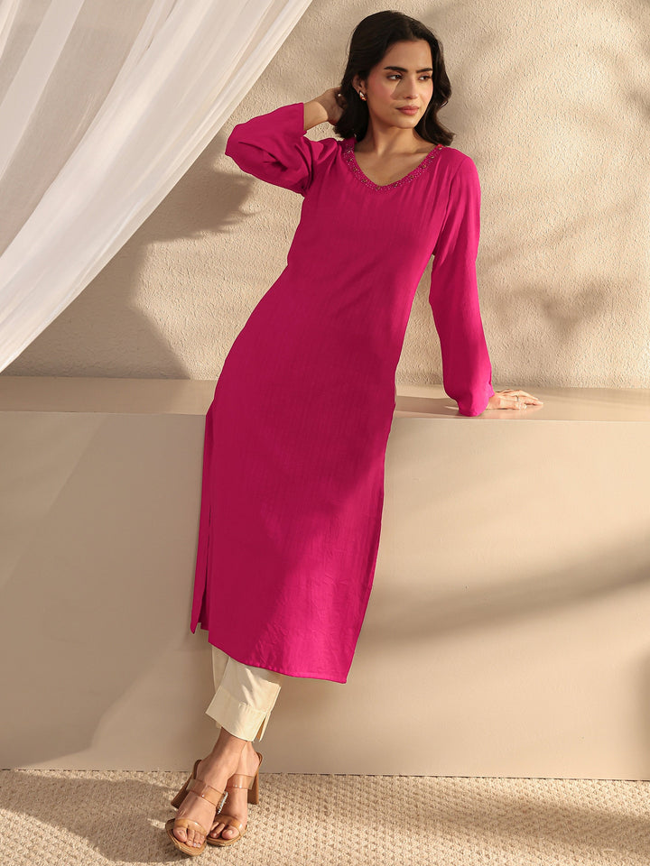 Pink Ethnic Woven Design Viscose Rayon Straight Kurta