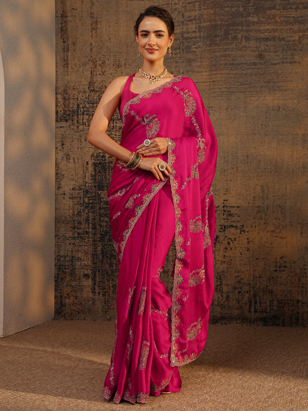 Pink Floral Embellished Satin Saree With Unstitched Blouse Piece