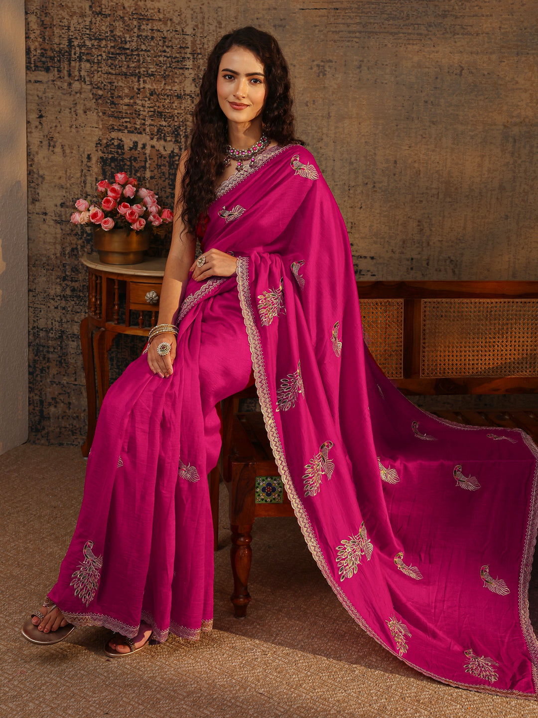 Pink Floral Embellished Silk Blend Saree With Unstitched Blouse Piece