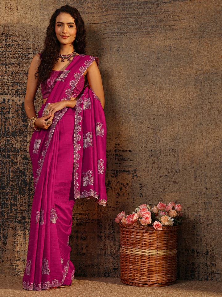 Pink Floral Embellished Silk Blend Saree With Unstitched Blouse Piece
