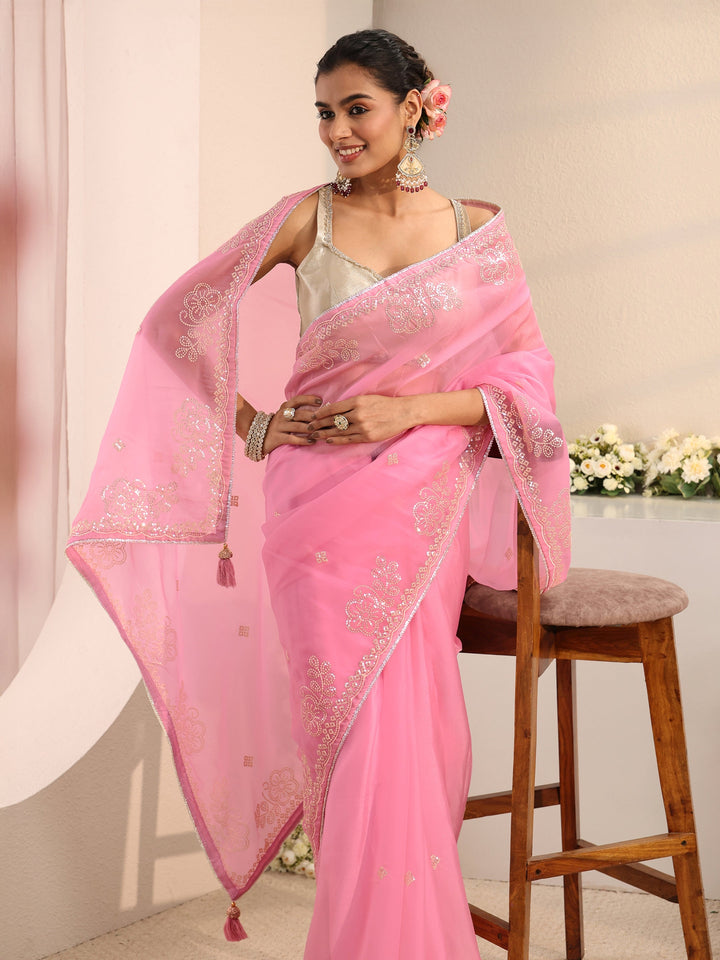 Pink Floral Embellished Tissue Saree With Unstitched Blouse Piece
