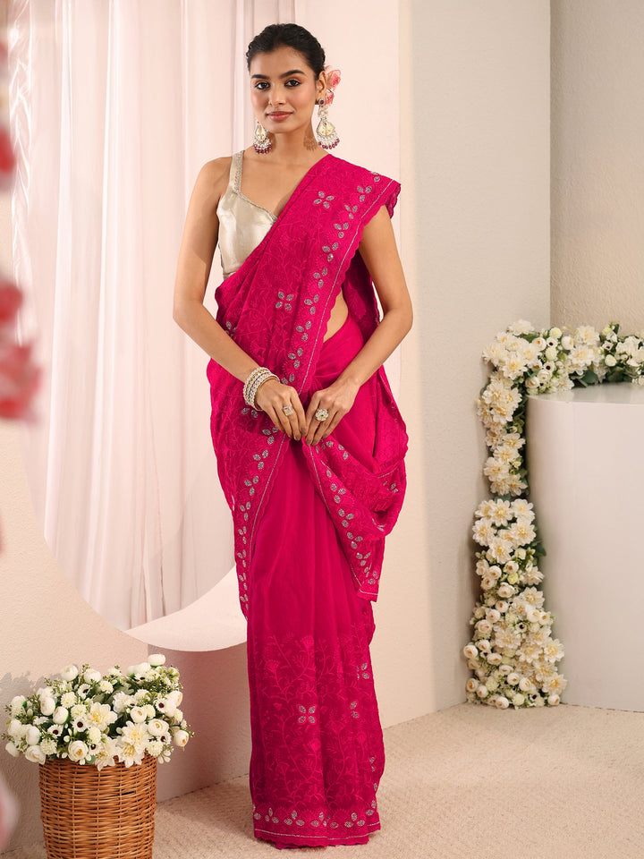 Pink Floral Embellished Tissue Saree With Unstitched Blouse Piece