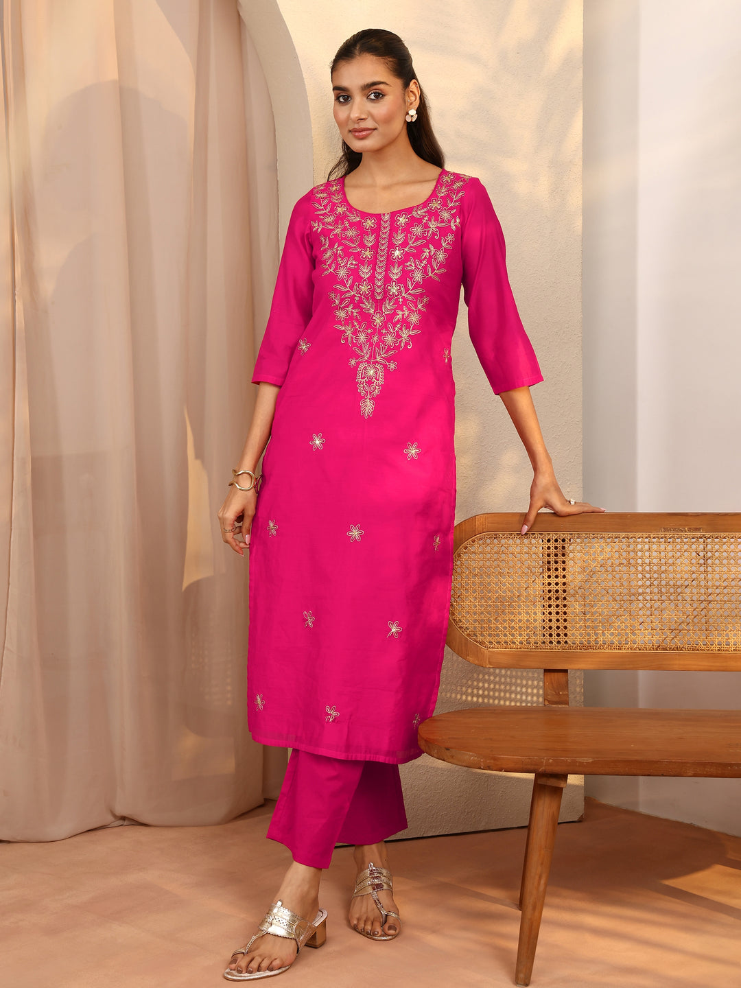 Pink Floral Embroidered Chanderi Silk Straight Kurta
