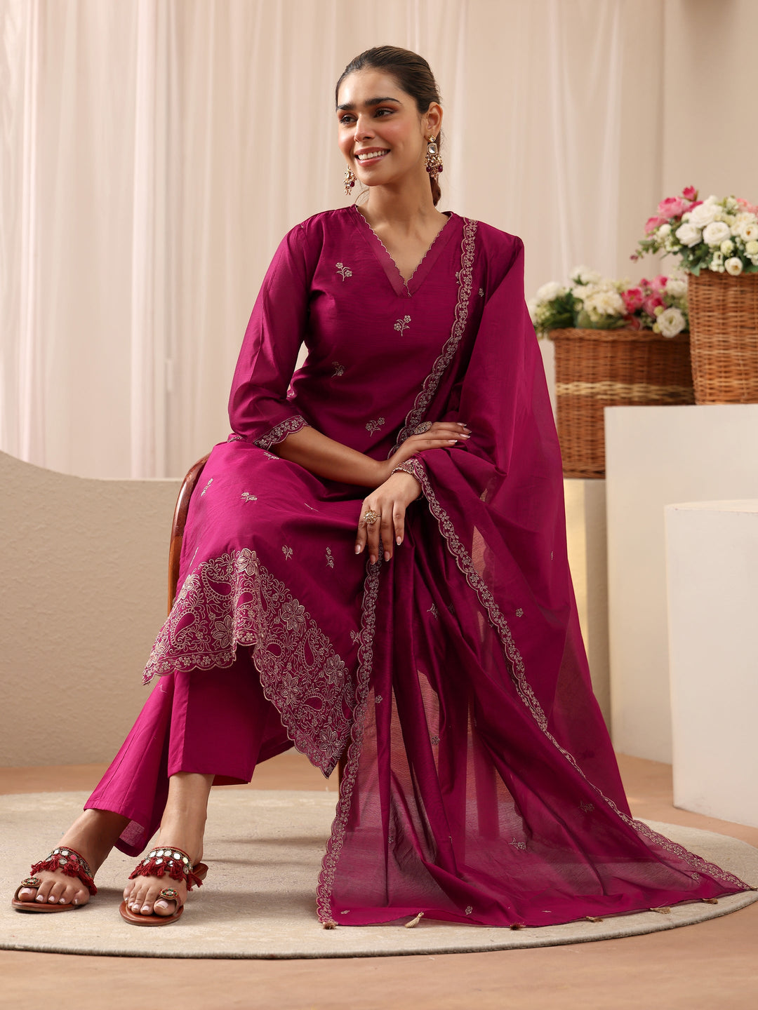 Pink Floral Embroidered Chanderi Silk Straight Suit Set