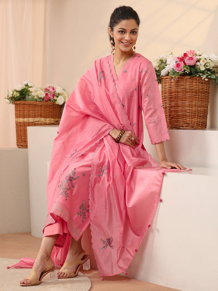 Pink Floral Embroidered Chanderi Silk Straight Suit Set