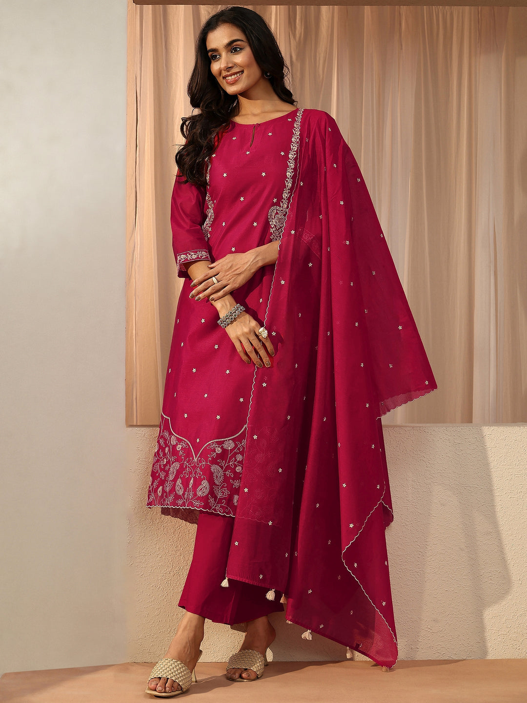 Pink Floral Embroidered Chanderi Silk Straight Suit Set