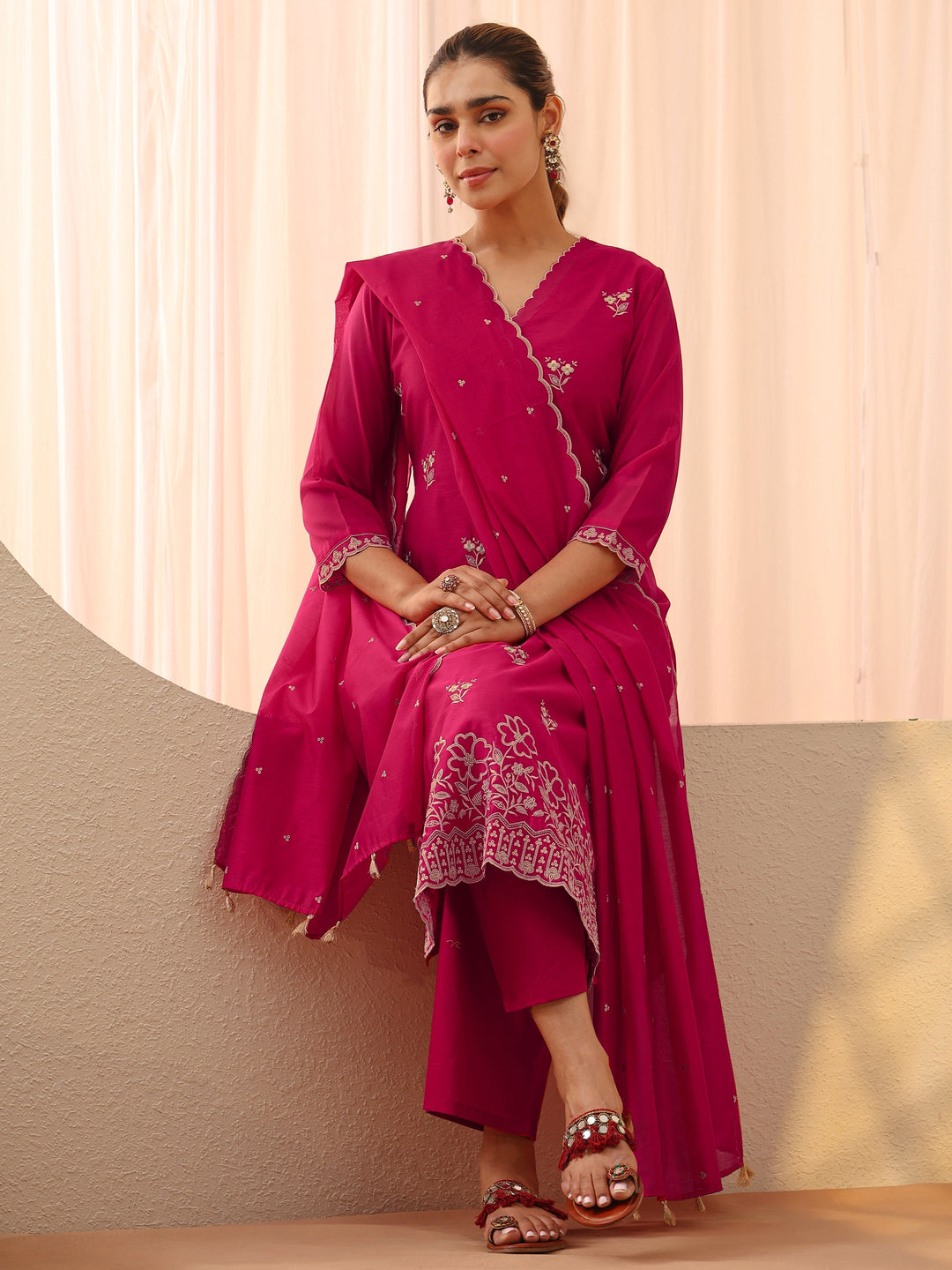 Pink Floral Embroidered Chanderi Silk Straight Suit Set