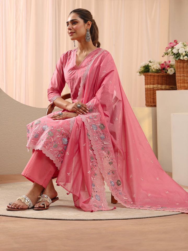 Pink Floral Embroidered Chanderi Silk Straight Suit Set