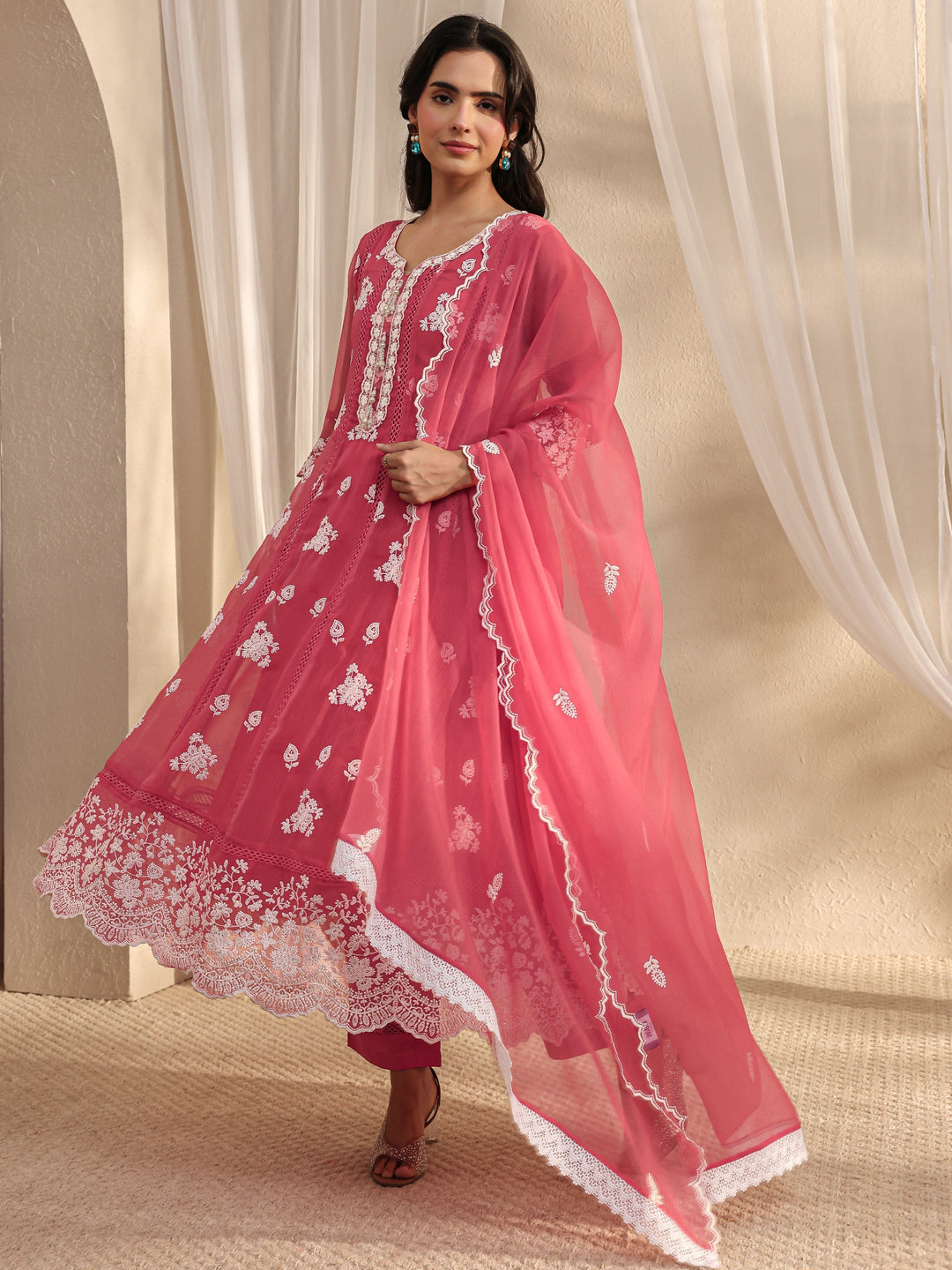 Pink Floral Embroidered Chiffon Anarkali Suit Set With Dupatta
