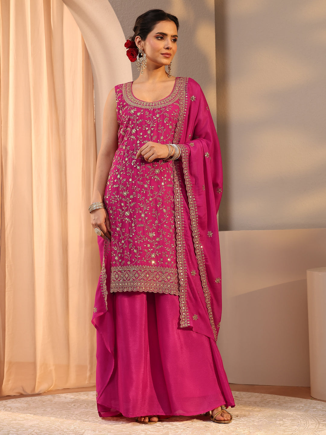 Pink Floral Embroidered Chinon Straight Suit Set With Dupatta