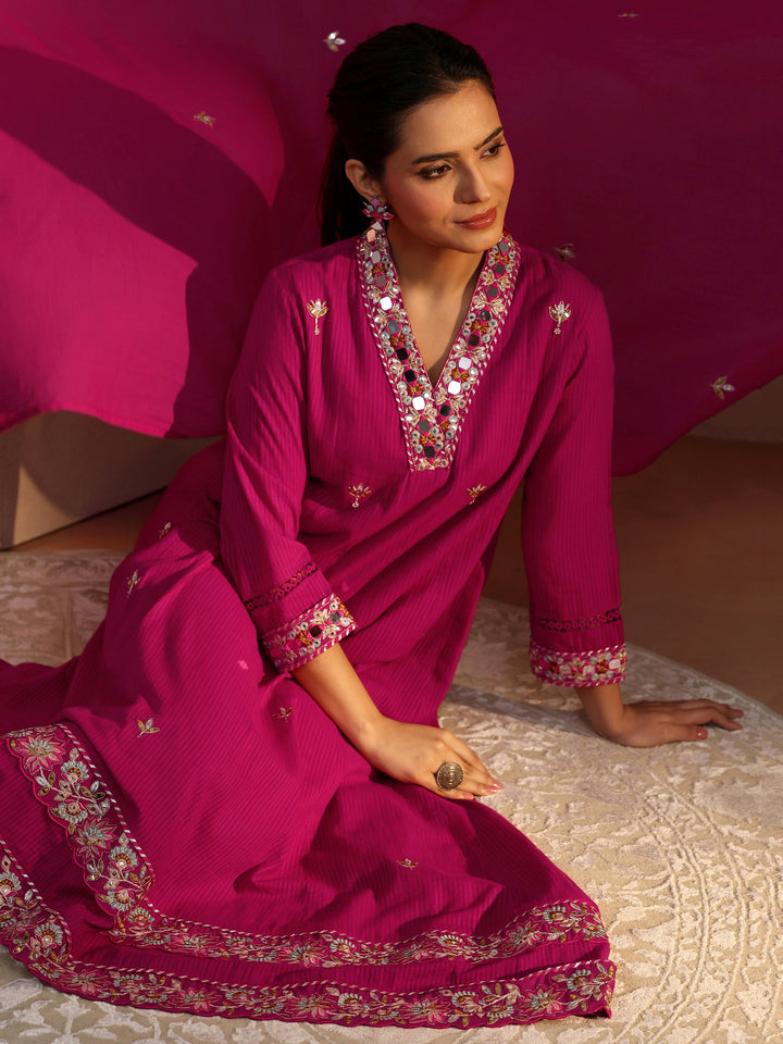 Pink Floral Embroidered Cotton A-Line Suit Set With Dupatta
