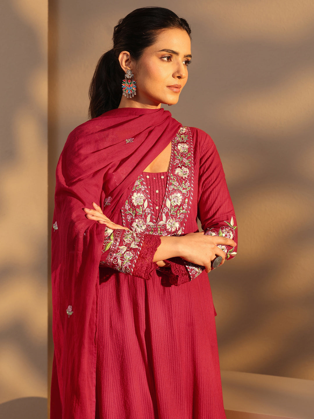 Pink Floral Embroidered Cotton A-Line Suit Set With Dupatta