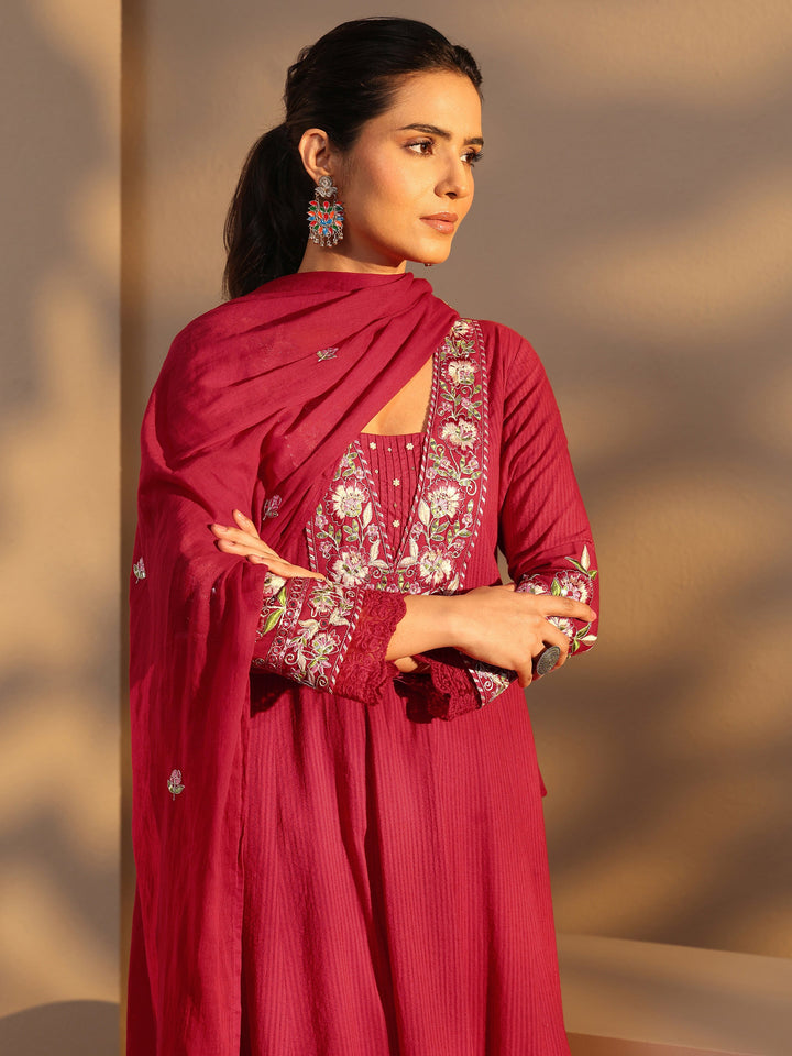 Pink Floral Embroidered Cotton A-Line Suit Set With Dupatta
