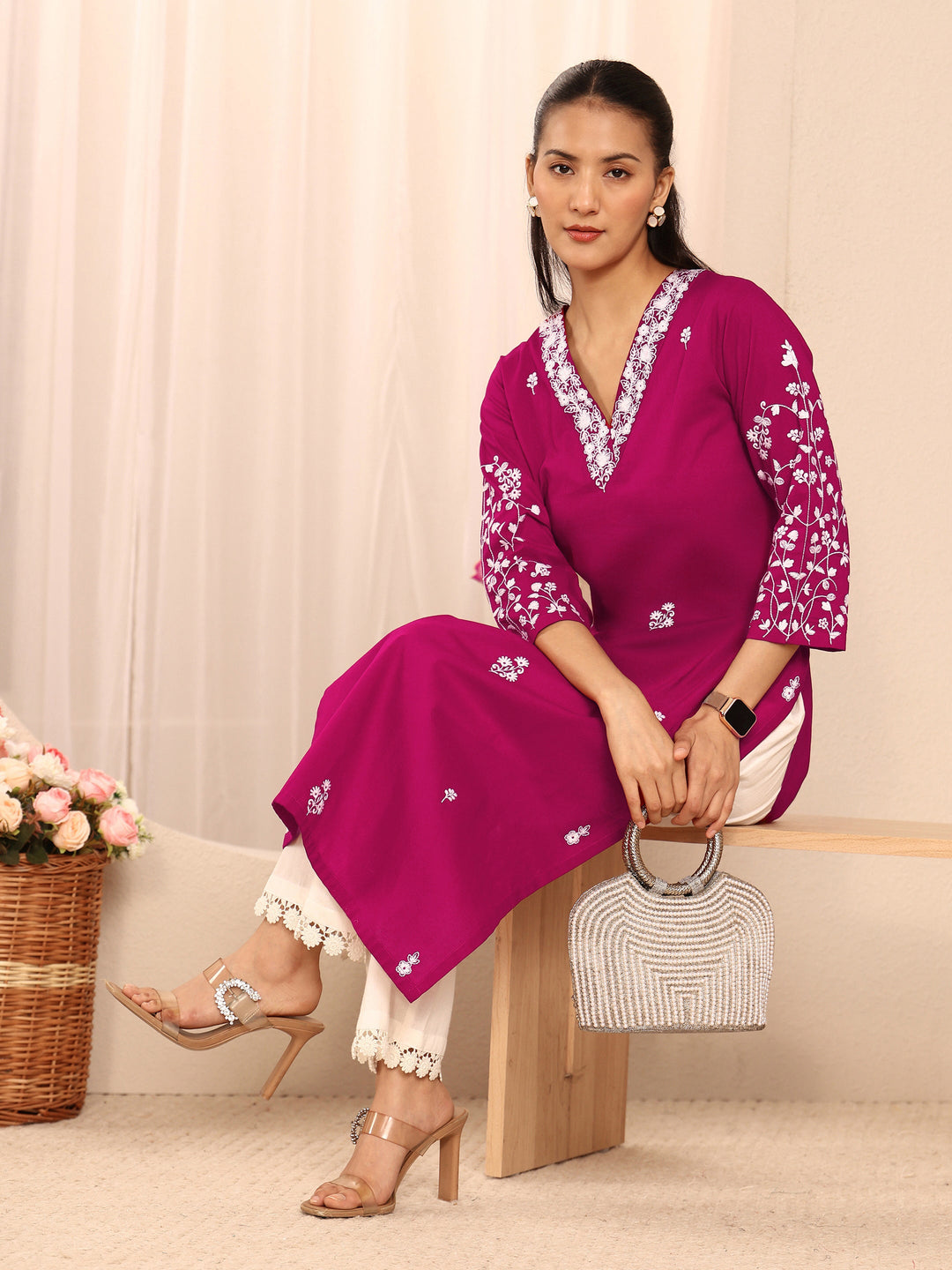 Pink Floral Embroidered Cotton Straight Kurta