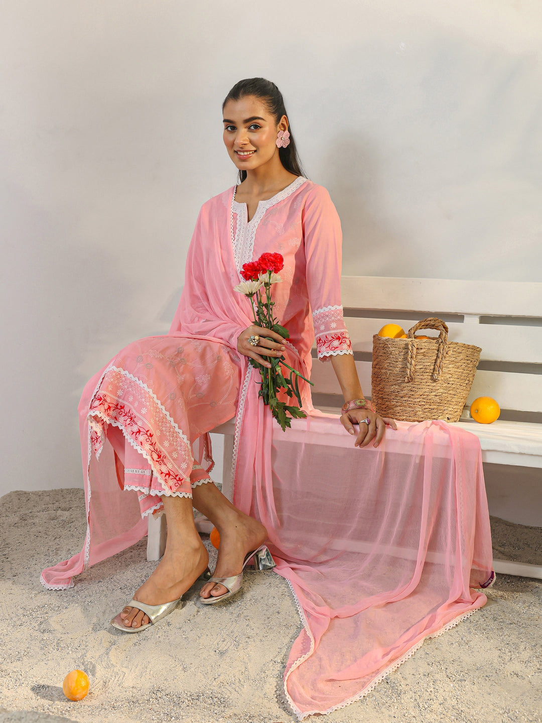 Pink Floral Embroidered Cotton Straight Suit Set With Dupatta