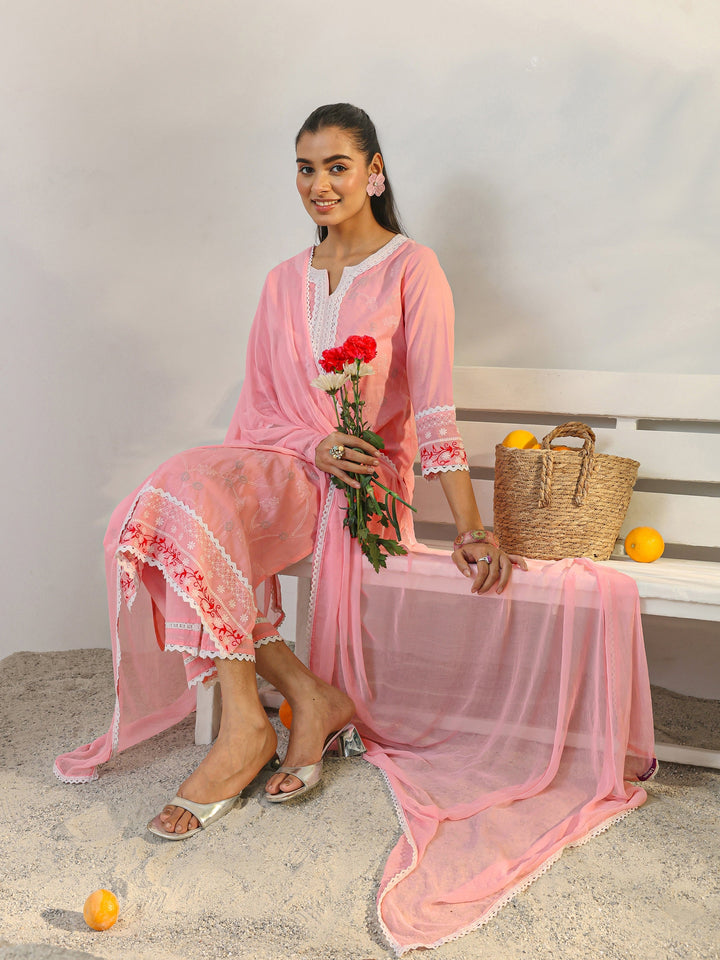 Pink Floral Embroidered Cotton Straight Suit Set With Dupatta