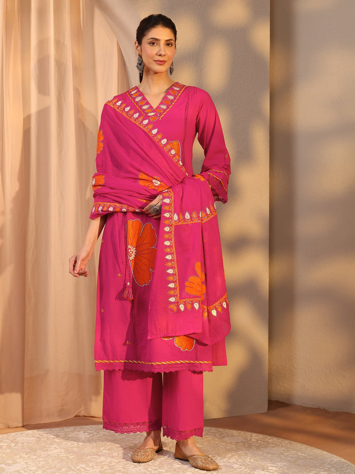 Pink Floral Embroidered Cotton Straight Suit Set With Dupatta