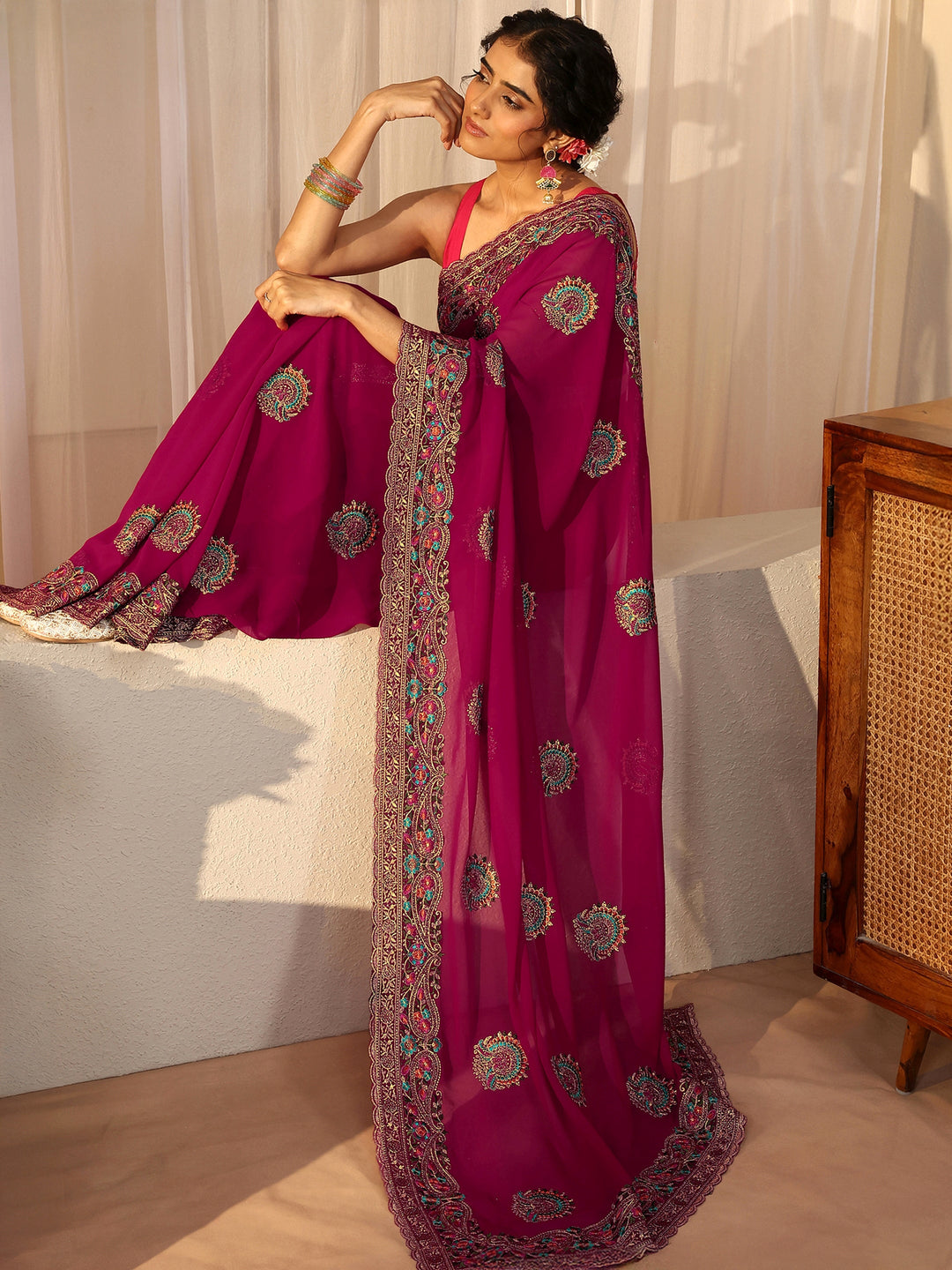 Pink Floral Embroidered Georgette Saree