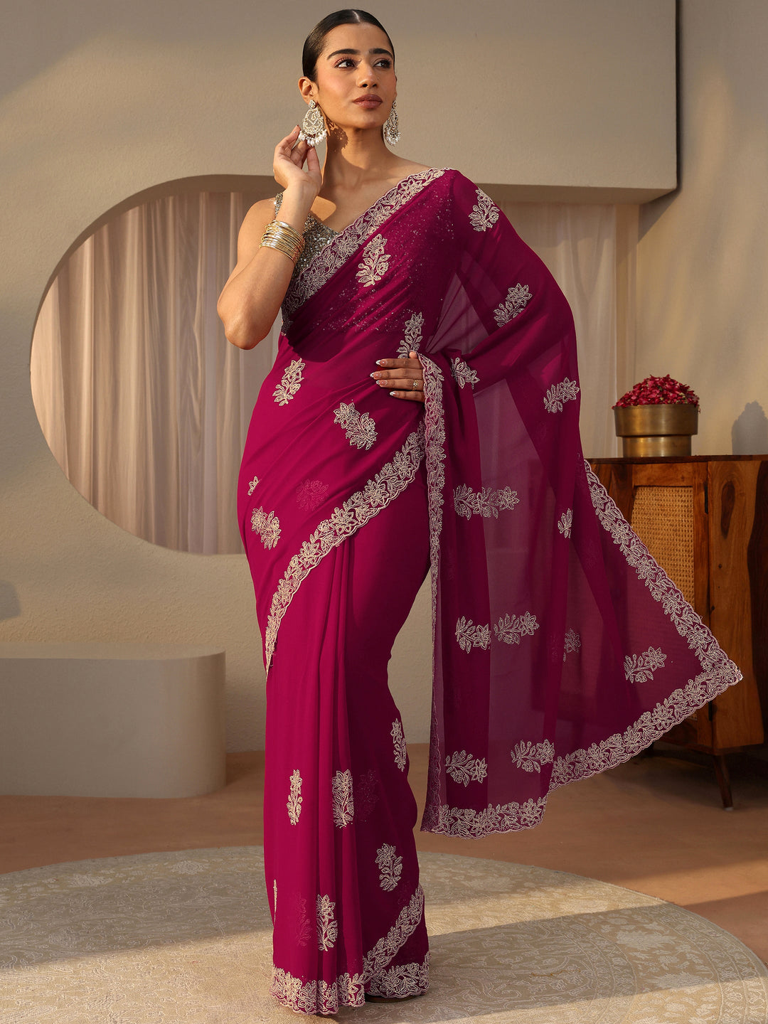 Pink Floral Embroidered Georgette Saree
