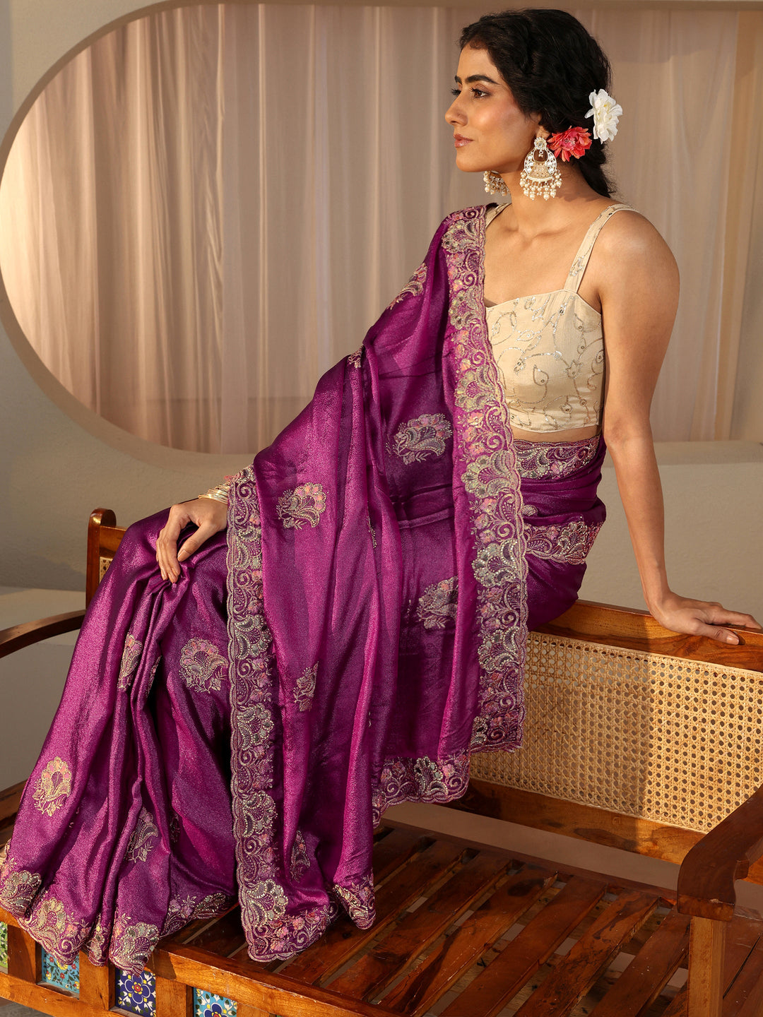 Pink Floral Embroidered Glossy Chiffon Saree