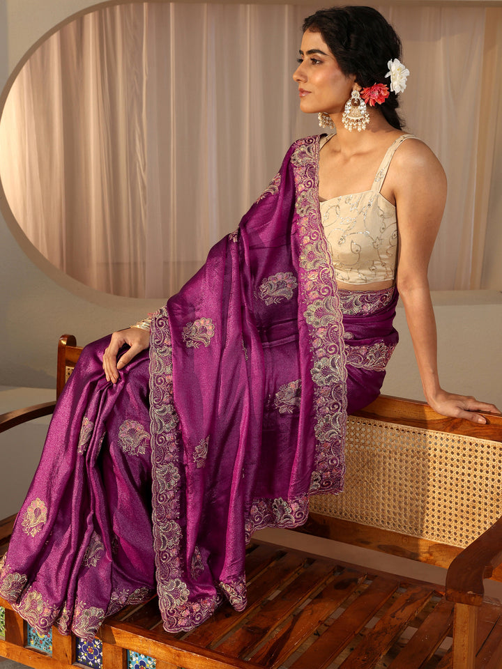 Pink Floral Embroidered Glossy Chiffon Saree