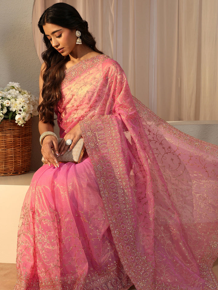 Pink Floral Embroidered Glossy Net Saree