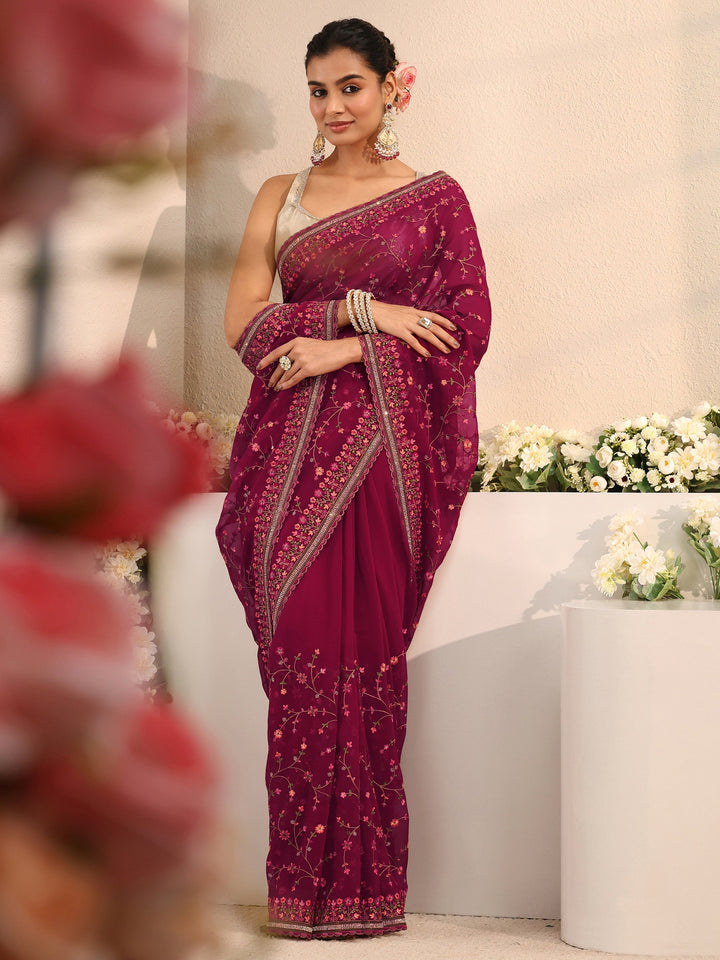 Libas Pink Floral Embroidered Net Saree With Unstitched Blouse Piece