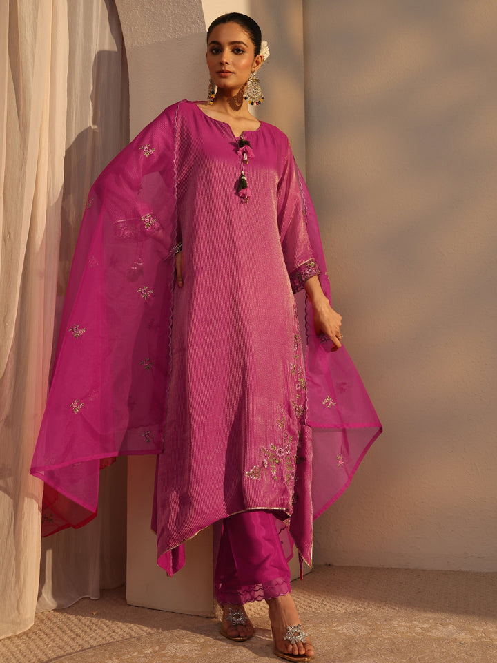 Pink Floral Embroidered Organza A-Line Suits Set With Dupatta