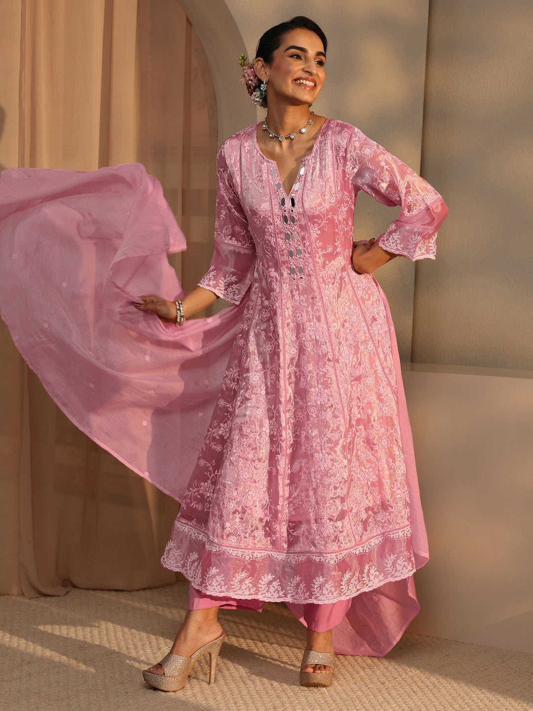 Pink Floral Embroidered Organza Anarkali Suit Set With Dupatta