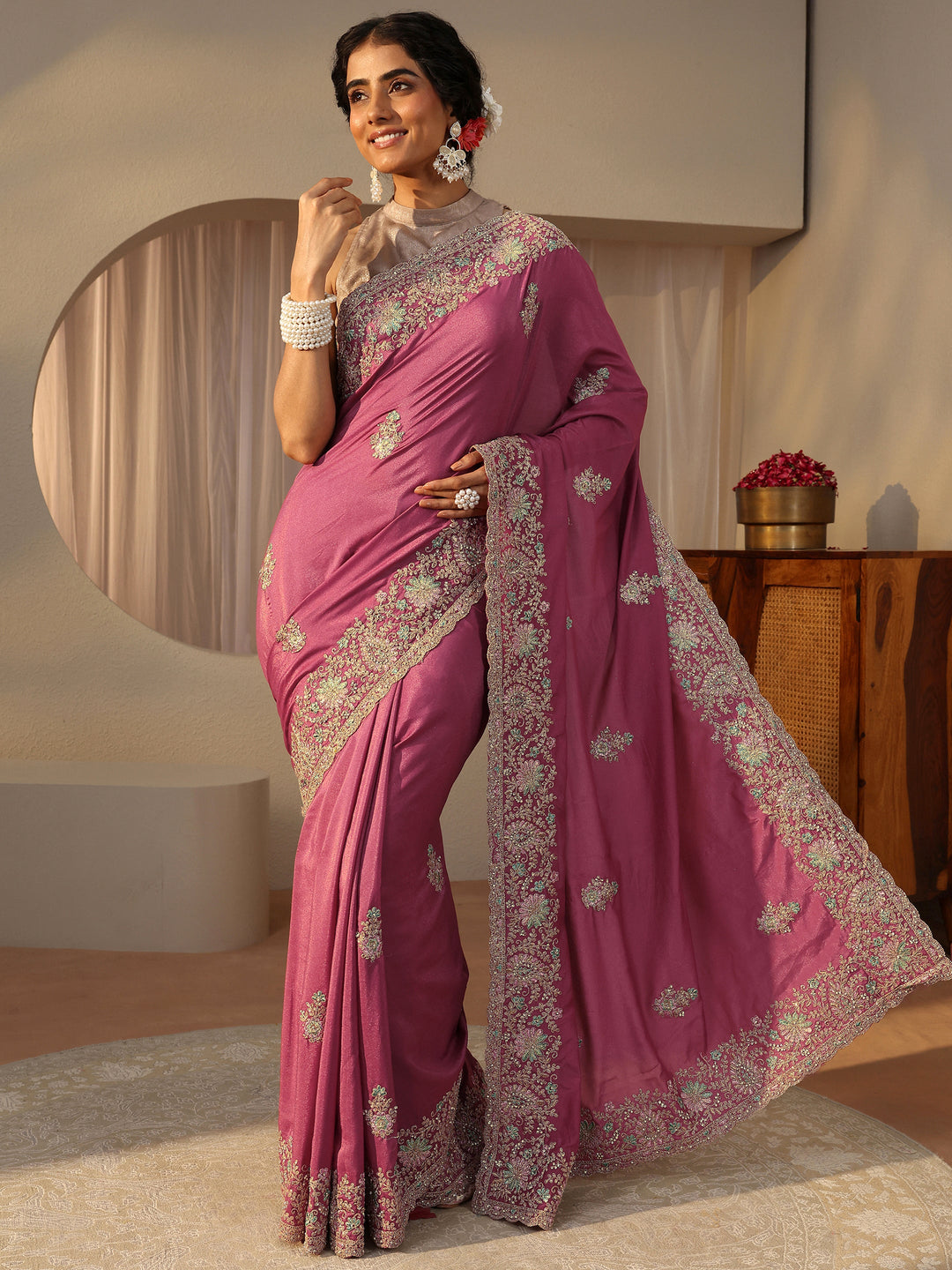 Pink Floral Embroidered Satin Saree