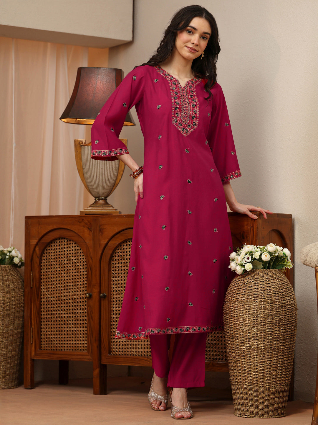 Pink Floral Embroidered Silk Blend A-Line Kurta Set