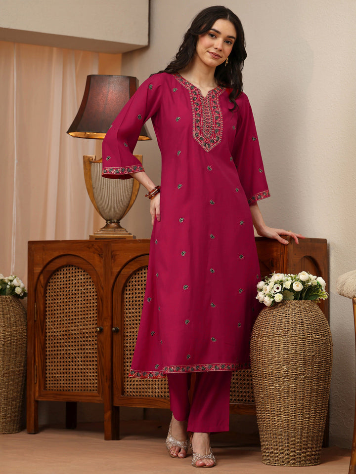Pink Floral Embroidered Silk Blend A-Line Kurta Set