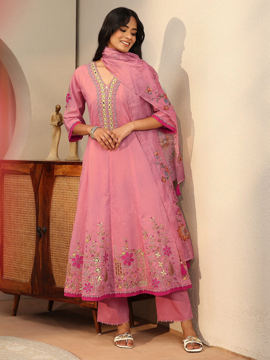 Pink Floral Embroidered Silk blend A-Line Suit Set