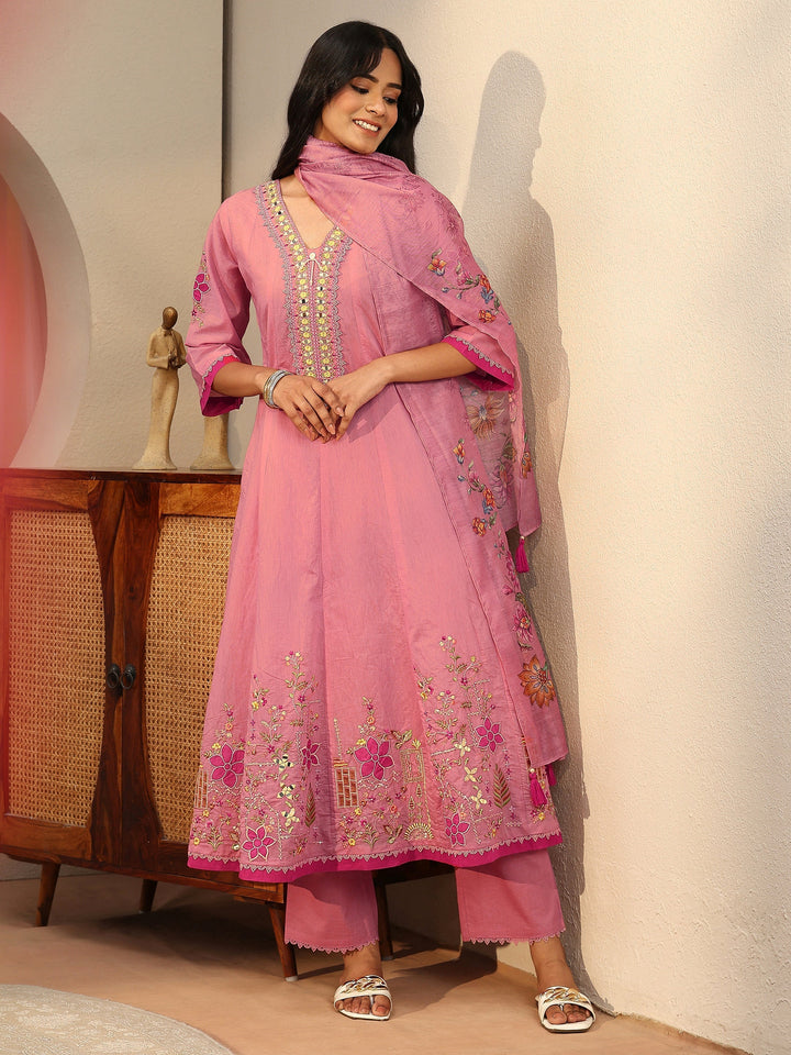 Pink Floral Embroidered Silk blend A-Line Suit Set