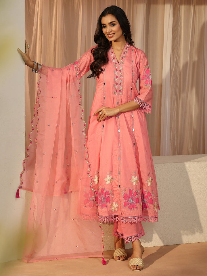 Pink Floral Embroidered Silk Blend A-Line Suit Set With Dupatta