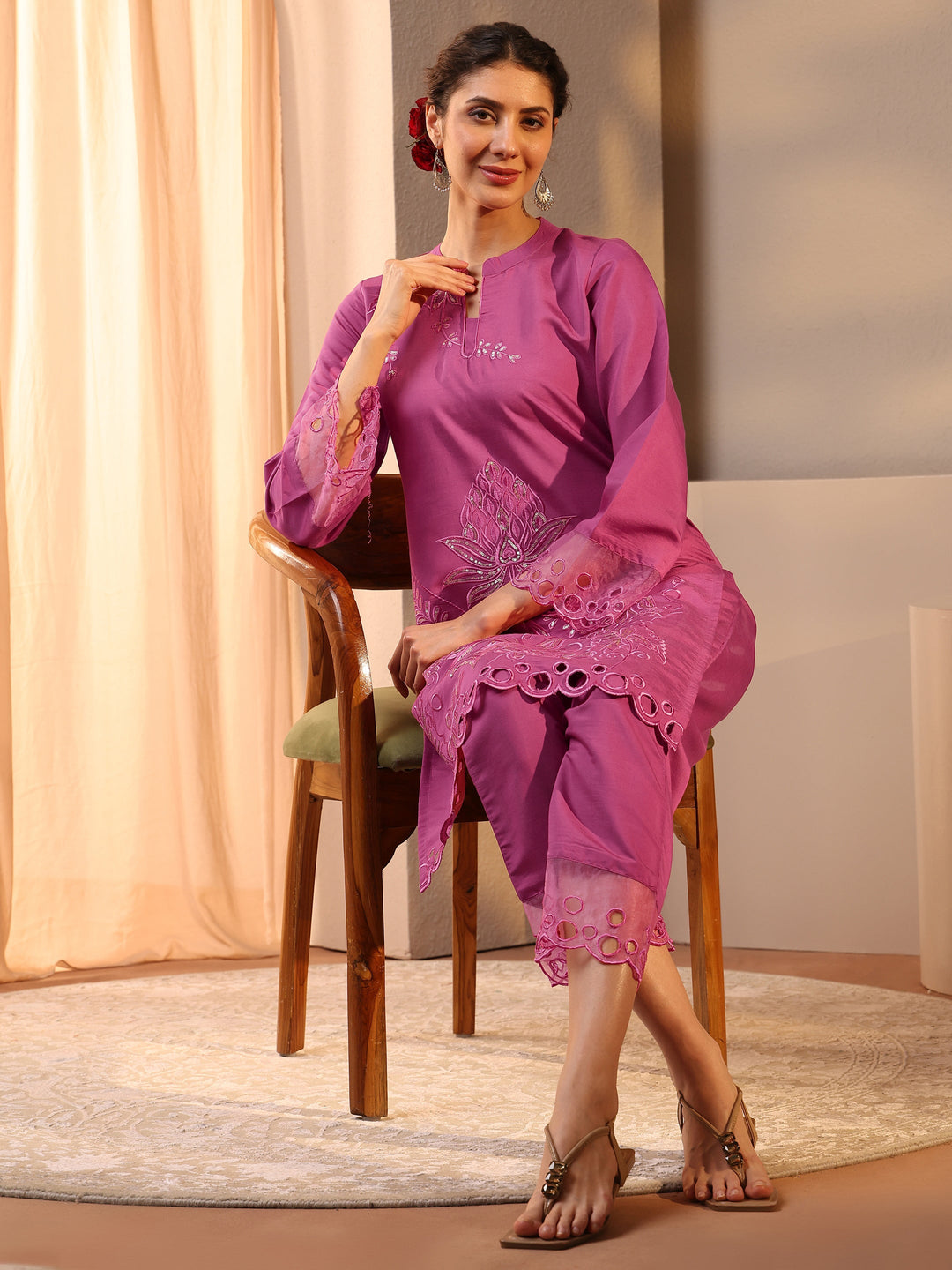 Pink Floral Embroidered Silk Blend Co-Ord Set