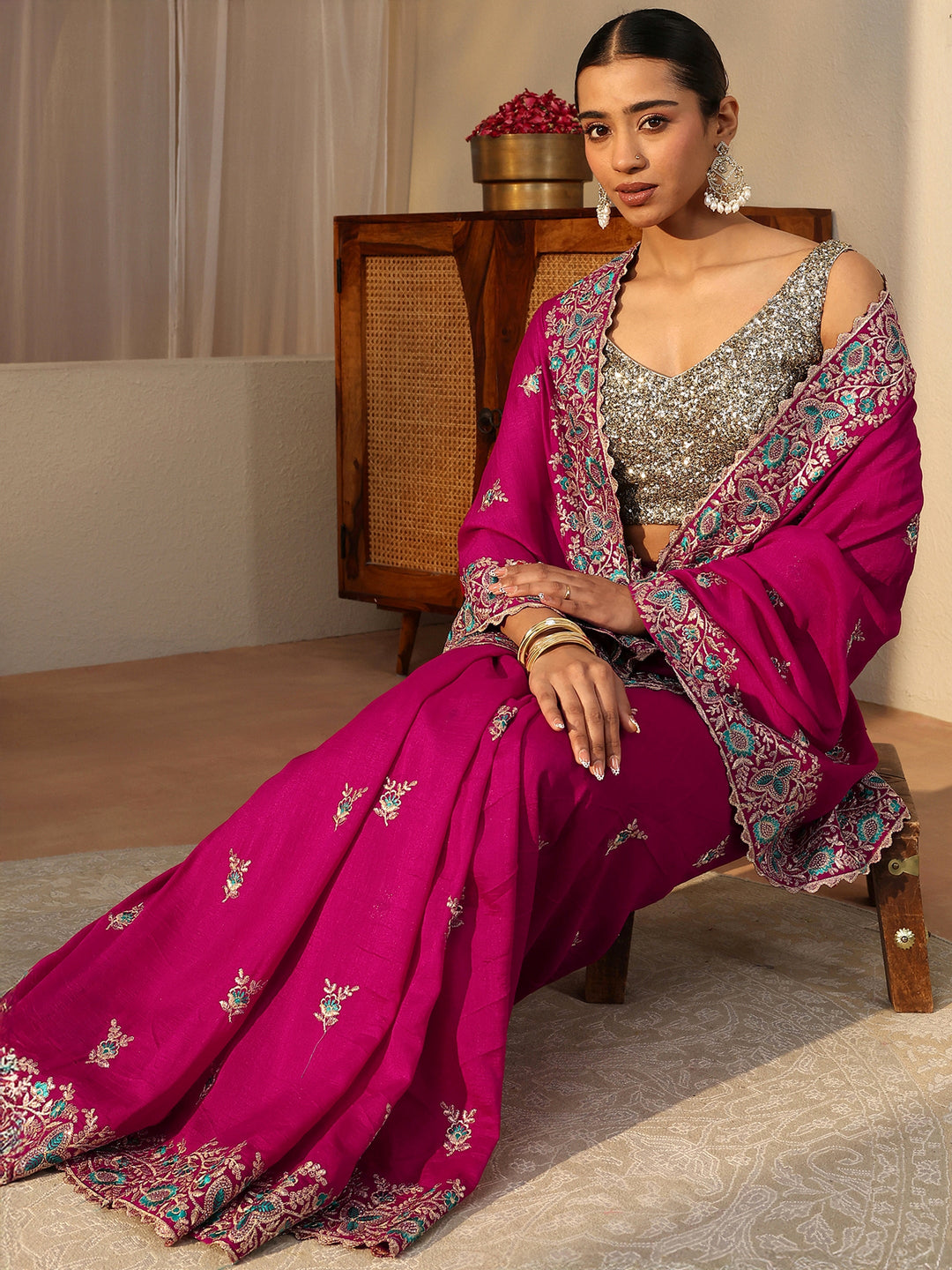 Pink Floral Embroidered Silk Blend Saree