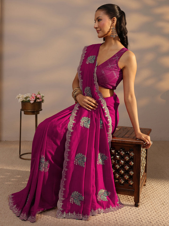 Libas Pink Floral Embroidered Silk Blend Saree With Unstitched Blouse Piece