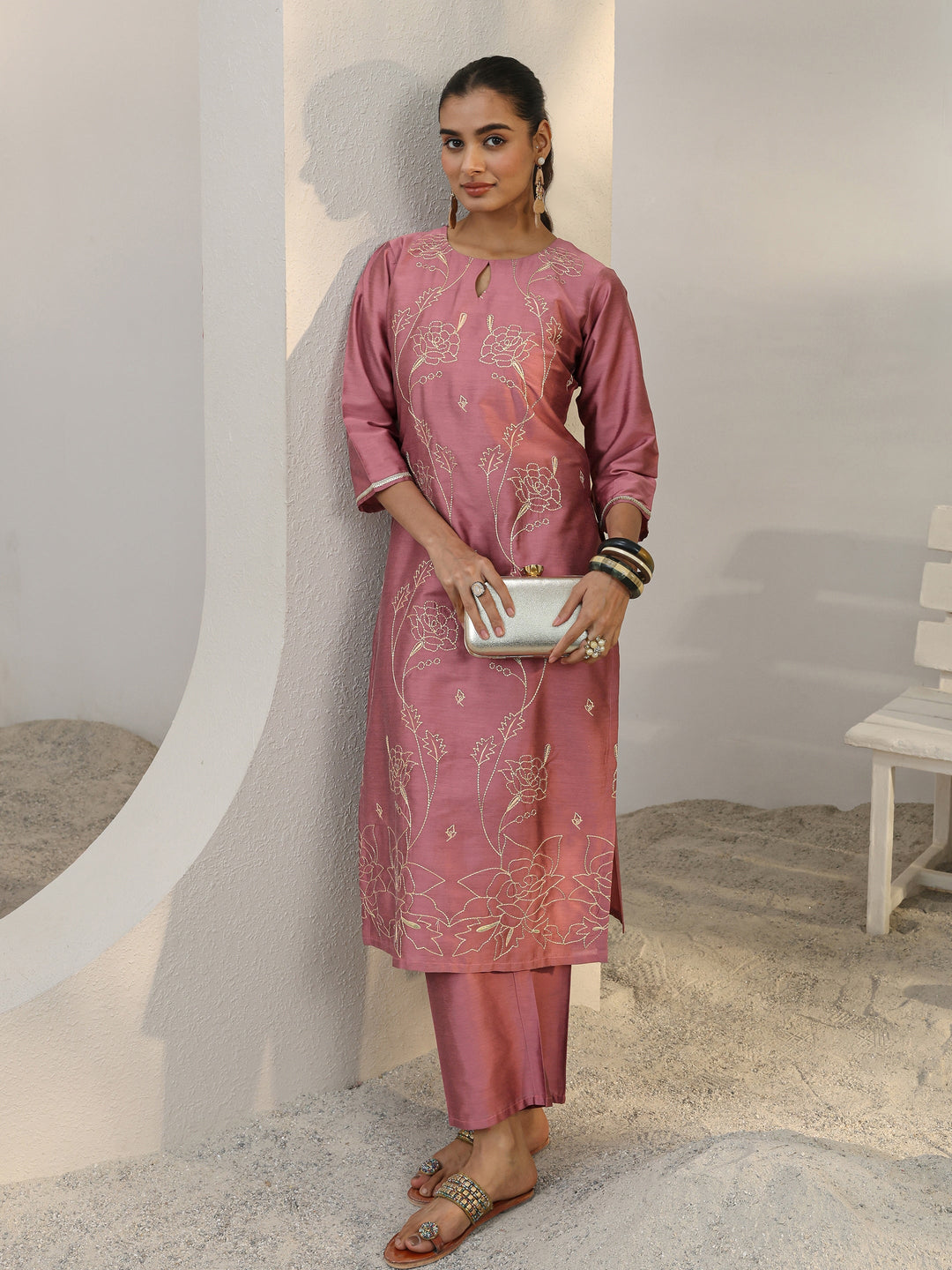 Pink Floral Embroidered Silk Blend Straight Kurta Set
