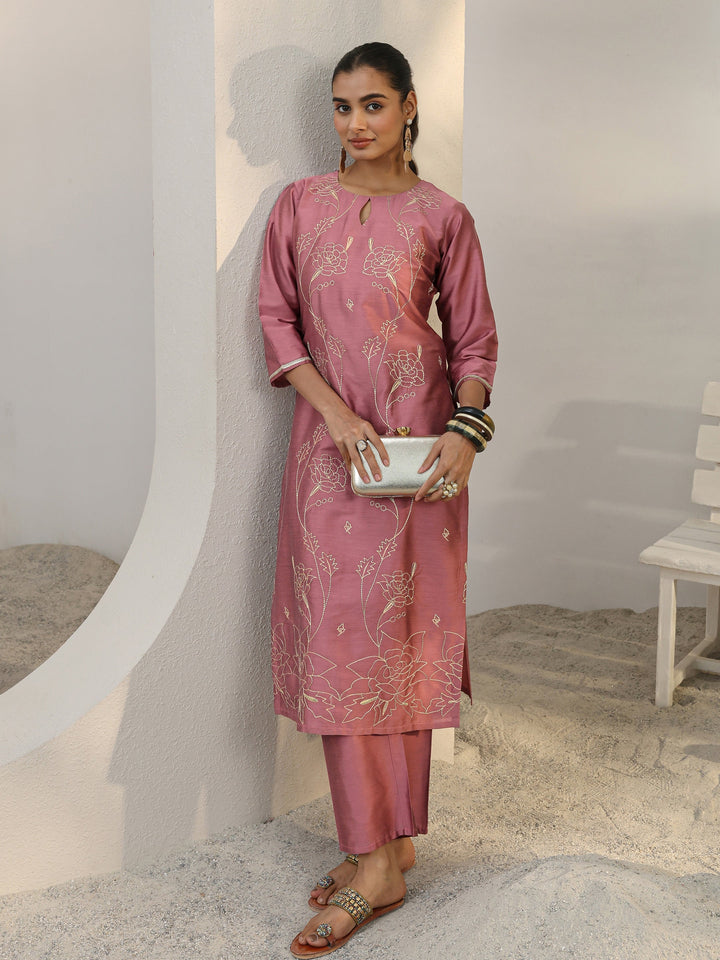 Pink Floral Embroidered Silk Blend Straight Kurta Set