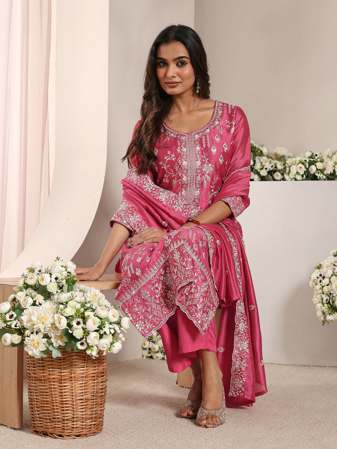 Pink Floral Embroidered Silk Blend Straight Suit Set With Dupatta