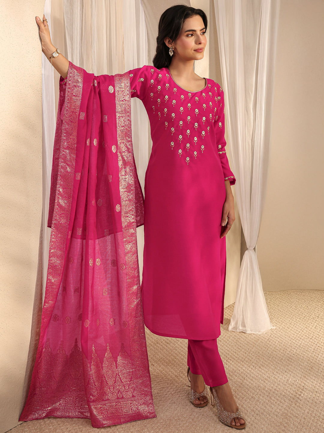 Pink Floral Embroidered Silk Blend Straight Suit Set With Dupatta
